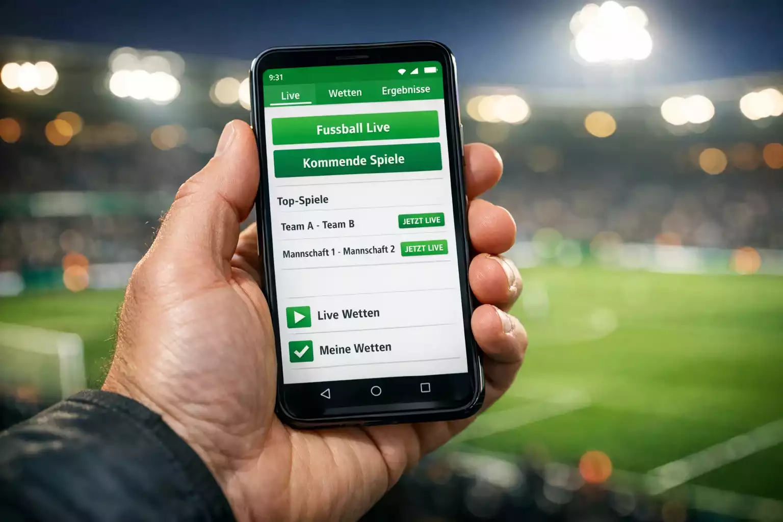 Hand hält Smartphone mit Sportwetten-App im Stadion