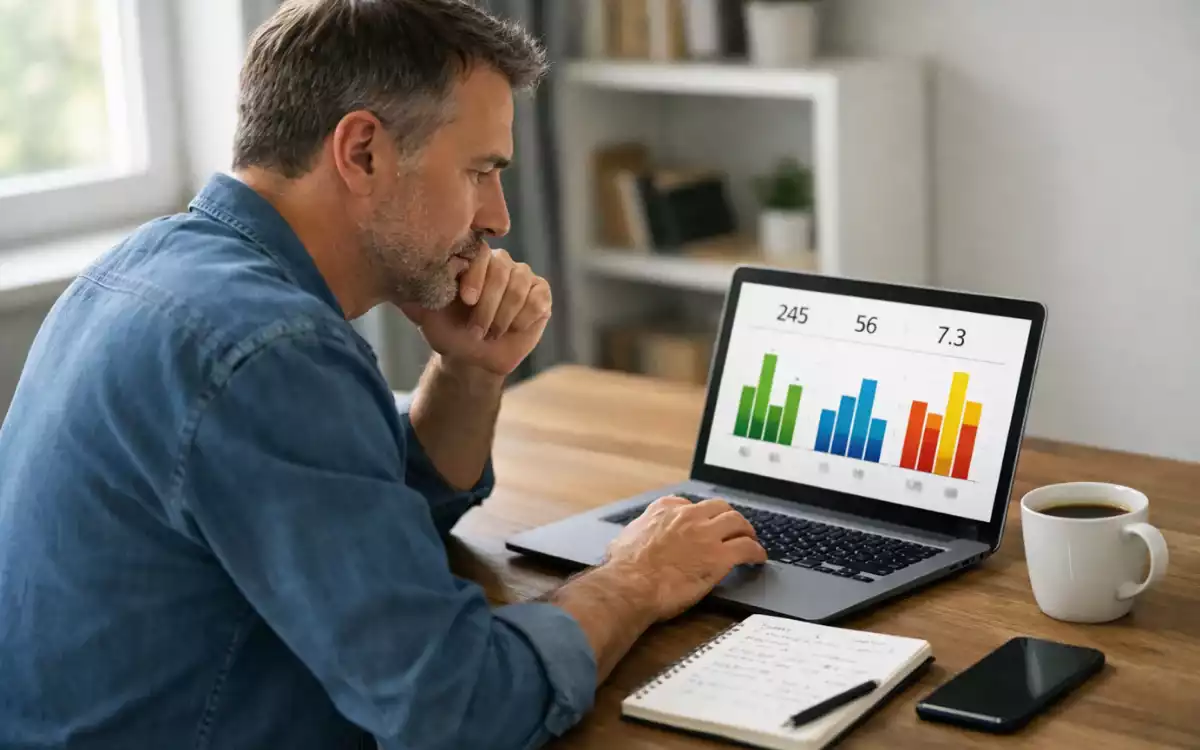 Mann analysiert Sportwetten-Quoten auf Laptop-Bildschirm